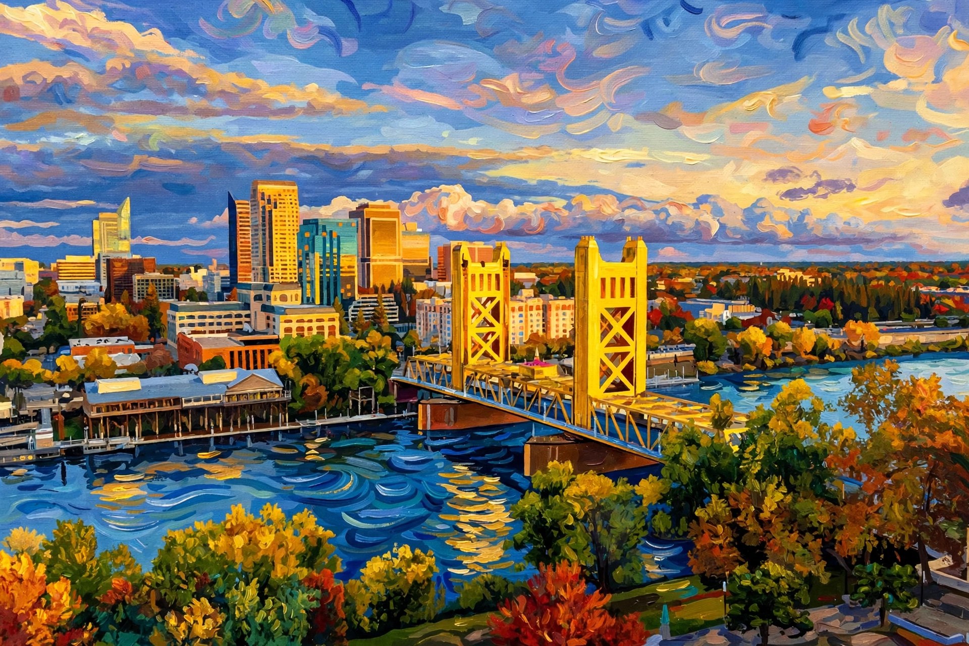 Tower Bridge at Golden Hour - original Sacramento painting by Elana Barry